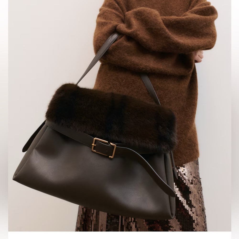 H&M 2025 Dark Brown Strap Detail Faux Fur Handbag Large Purse Bag
